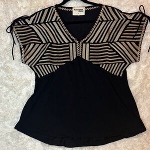 Savanna Jane Black Top with Gold Geometric Embroidery